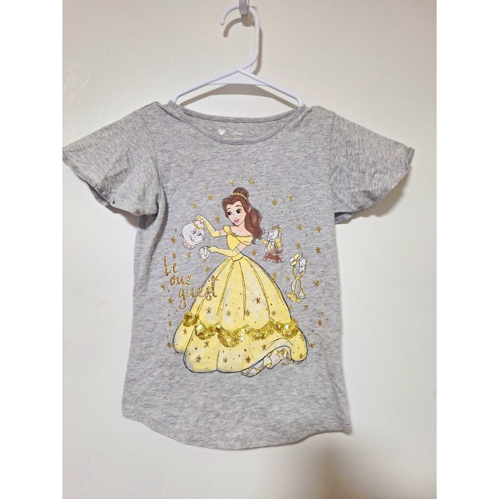 Disney Jumping Beans Girls 6X Belle Shirt Be Our Guest Beauty Beast Gray Flutter